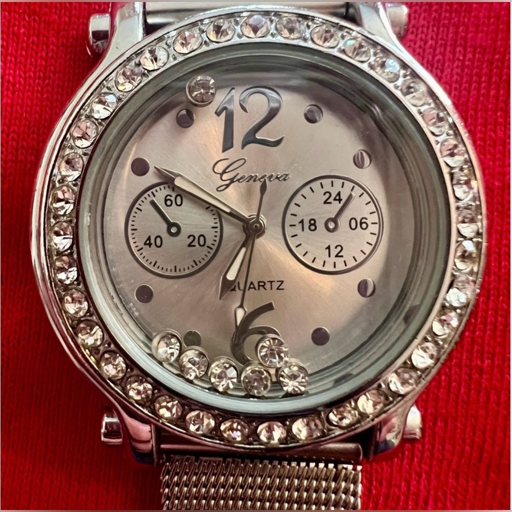 Geneva Silver Crystal Accent Mesh-Band Women's Watch